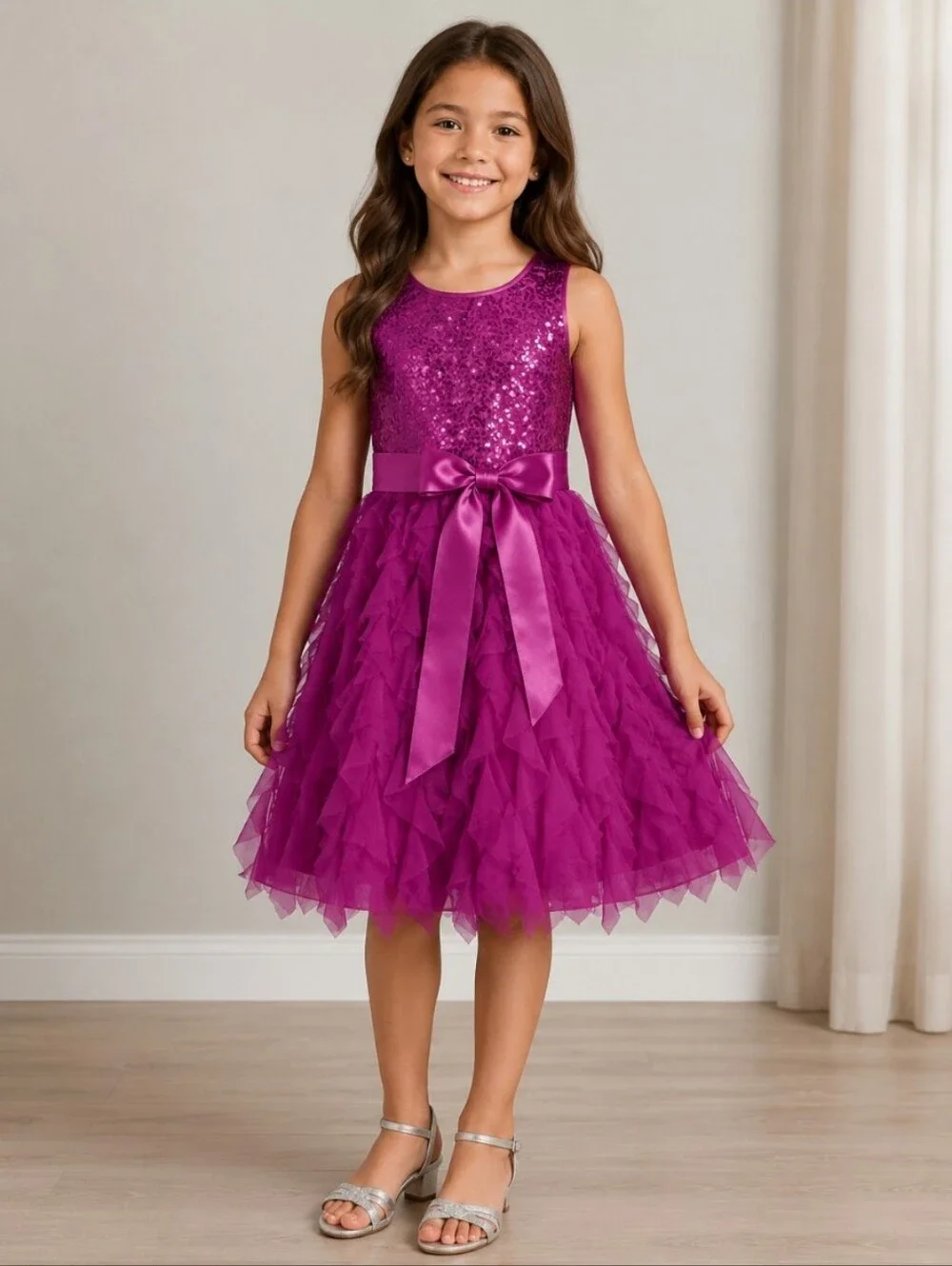 Elegant Fushia Sequin Empire Waist Ruffle Sleeveless Dress Girls 10